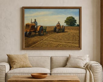 Pintura al óleo de un tractor vintage de granja: arte mural rústico, paisaje horizontal imprimible, decoración de granja digital.
