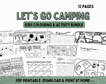 Let's Go Camping | 12 page camping themed colouring & activity pages, digital download, camping activity printable for girls, boys, kids