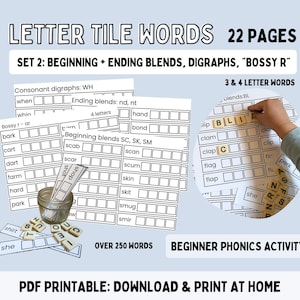 Palabras con fichas de letras PAQUETE 2: Actividad fonética para principiantes Palabras de 3 y 4 letras / Combinaciones iniciales, combinaciones finales, dígrafos, r mandona PDF grado 1