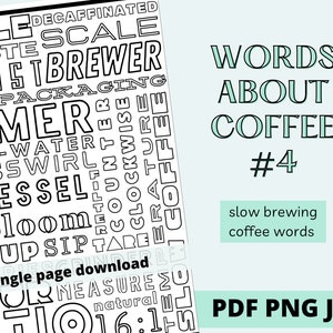 SLOW BREW COFFEE - kolorowanka z mozaiką słów o parzeniu kawy | Plik cyfrowy do natychmiastowego pobrania | Dla dorosłych i dzieci