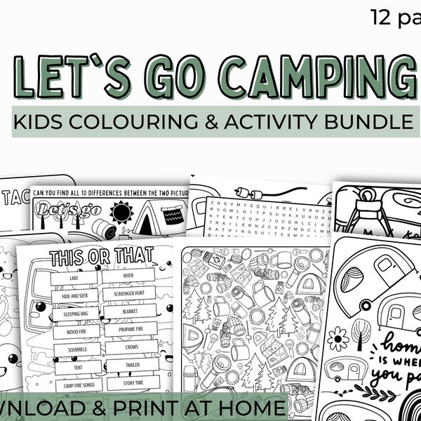 Let's Go Camping | 12 page camping themed colouring & activity pages, digital download, camping activity printable for girls, boys, kids