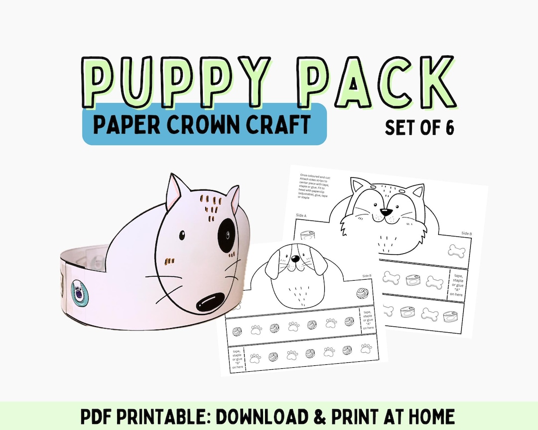 Puppy Pack 6 Designs Paper Crown Set | Paper Headband, Dog Themed Party ...