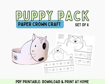 Puppy Pack 6 designs Paper Crown set | Paper headband, dog themed party activity, puppy birthday kids craft printable, animal crown craft