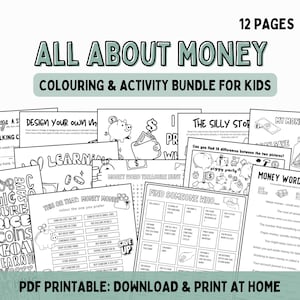 Puede incluir: Un paquete de actividades imprimibles en blanco y negro para niños con el título "ALL ABOUT MONEY". El paquete incluye 12 páginas de hojas para colorear y actividades centradas en el dinero, con textos como "Design Your Own Wallet" y "Money Words".