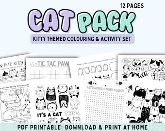 CAT PACK kitty themed colouring pages | 12 page pdf activity for early elementary, kindergarten, grade 1 kids ages 5-8, kitten coloring page
