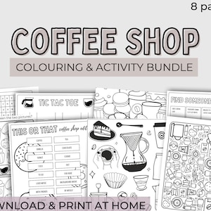 COFFEE SHOP | 8 page colouring activity bundle, coffee for kids, download & print at home, cafe, coffee themed word search, coffee party