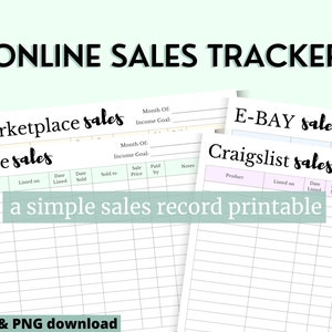 May include: Printable online sales tracker with sections for marketplace, eBay, and Craigslist sales. The tracker includes columns for product, date listed, date sold, sold to, sale price, and paid by. The tracker is a simple sales record printable.