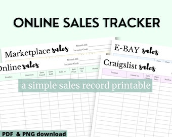 Puede incluir: Seguimiento de ventas en línea imprimible con secciones para ventas en el mercado, eBay y Craigslist. El seguimiento incluye columnas para el producto, la fecha de listado, la fecha de venta, vendido a, precio de venta y pagado por. El seguimiento es un simple registro de ventas imprimible.