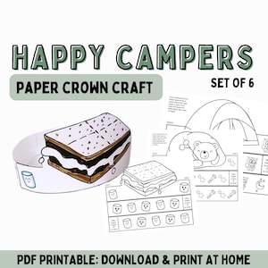 Happy Campers 6 camping themed paper hats PDF | Camping paper crown, camping party, camping activity for kids, camping craft, paper headband