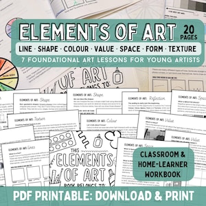 Peut inclure: Un cahier d'exercices de 20 pages intitulé "Éléments de l'art" pour jeunes artistes. Il présente les éléments de l'art : ligne, forme, couleur, valeur, espace, forme et texture. Comprend des leçons fondamentales et une roue chromatique.