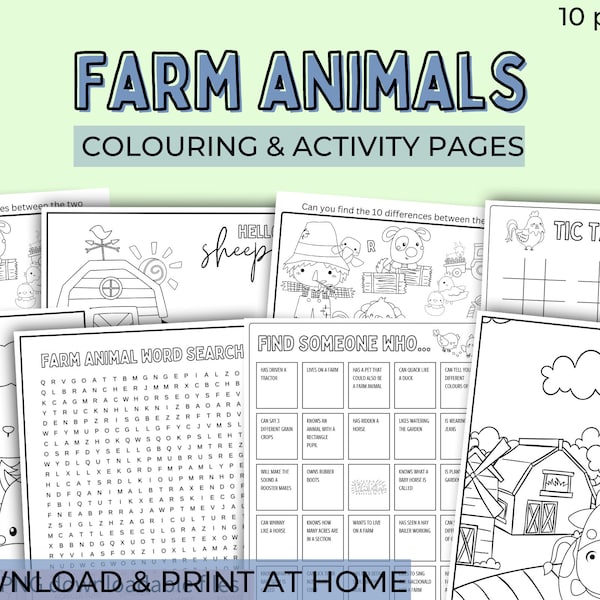 Printable Farm animal activity book, colouring pages for kids, elementary, kindergarten, homeschool, use in the classroom or print at home,