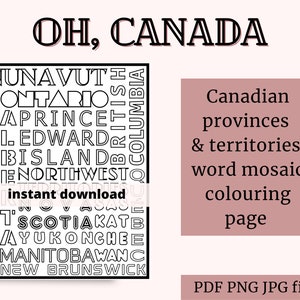 CANADA WORD MOSAIC, Provinzen und Territorien Malseite, digitaler Download, kanadische Provinzen, Etsy-Umsätze, kanadische Geographie