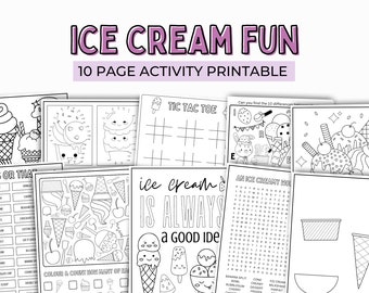 DIVERTIMENTO CON IL GELATO / Set di 10 pagine da colorare e attività per bambini, stampabile a tema gelato, unità gelato, colorazione estiva, pagine di dolcetti estivi