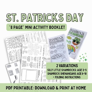 Puede incluir: Un mini folleto de actividades del Día de San Patricio con el texto "St. Patrick's Day" y "8 Page Mini Activity Booklet". El folleto incluye páginas para colorear y actividades. Hay dos variaciones disponibles para las edades de 3 a 5 y de 6 a 10.