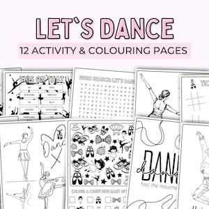 Paquete de 12 actividades y páginas para colorear de Let's Dance, descarga en pdf para imprimir en casa, clase de baile, páginas de sala de espera para niños, actividad de ballet