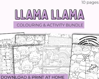 May include: A bundle of coloring and activity pages featuring the text "LLAMA LLAMA COLOURING & ACTIVITY BUNDLE". The pages include llama illustrations, word searches, and other activities. The bundle contains 10 pages and is designed for download and print.