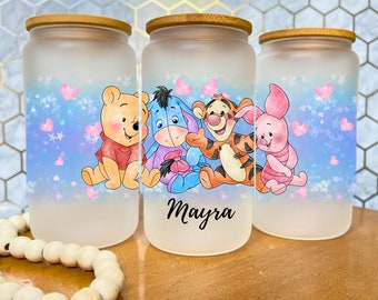 Baby Pooh Bear 16oz Glass I Winnie The Pooh Glass Cup I Sublimated Frosted Glass Cup I Pooh and Friends Cup I Iced Coffee I Cute Coffee Cup