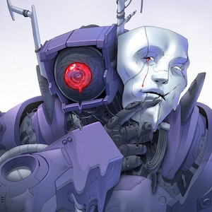 Könnte beinhalten: Ein lila und silberner Roboter mit einem menschenähnlichen Gesicht und einem roten Auge. Der Roboter trägt eine rissige, weiße Maske über seinem Gesicht und eine einzelne Blutsträne läuft über seine Wange.