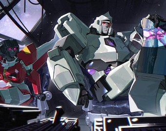 May include: Two robots, one in red and one in gray, stand in a dark, futuristic setting. The red robot has a black head with pink eyes and is holding a weapon. The gray robot has a white head with red eyes and is holding a blue object.