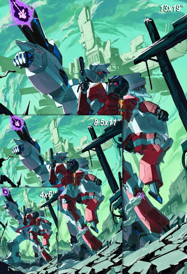 Puede incluir: Impresi&oacute;n de arte digital que presenta una escena de acci&oacute;n din&aacute;mica con figuras rob&oacute;ticas rojas, blancas y azules. La obra de arte incluye un paisaje urbano futurista y explosiones de energ&iacute;a. Tama&ntilde;os disponibles: 33x48cm, 22x28cm y 10x15cm.