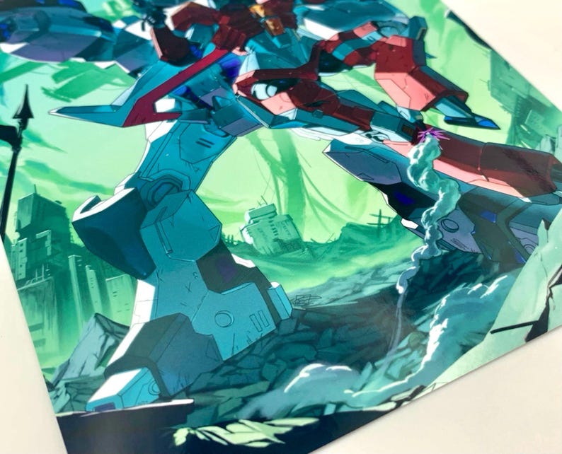 Puede incluir: Ilustraci&oacute;n de un robot futurista en tonos azules, rojos y amarillos, sobre un paisaje verde y gris con edificios. El robot est&aacute; en una pose din&aacute;mica, sugiriendo acci&oacute;n. La obra de arte tiene un estilo anime distintivo.