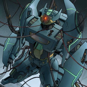 May include: A blue and green robot with a red eye is suspended by wires. The robot has a large, flat chest with a screen and a smaller screen on its head. The robot is surrounded by wires and cables.