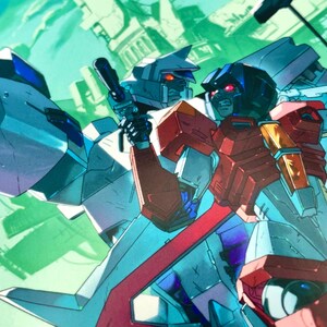 Puede incluir: Ilustraci&oacute;n de dos robots en una pose din&aacute;mica, ambientada en un paisaje urbano futurista. Los robots son principalmente azules, rojos y blancos, con ojos rojos brillantes. Uno de ellos sostiene un arma.
