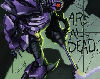 Pode incluir: Um robô roxo com um olho vermelho está em pé na frente de uma parede verde com as palavras "The Decepticons Are All Dead." escritas nela.