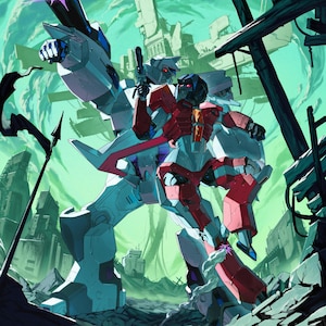 Puede incluir: Ilustraci&oacute;n din&aacute;mica de dos robots Transformers en un paisaje urbano en ruinas. Uno es predominantemente blanco y azul, el otro rojo y blanco. El fondo es una mezcla de verde y gris, con una explosi&oacute;n de energ&iacute;a p&uacute;rpura.