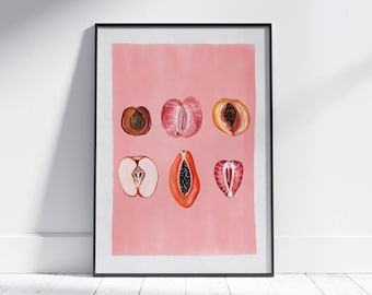 "Geschnittene, weibliche Früchte, signierter Kunstdruck, ""Fruity Scheiben"" Vintage Poster, Empowerment Print, Body Positivity, Frauenkörper."