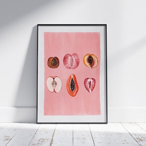Fruta femenina en rodajas, impresión de arte firmada, cartel vintage "Fruity Sliced", impresión de empoderamiento, positividad corporal, cuerpo de mujer