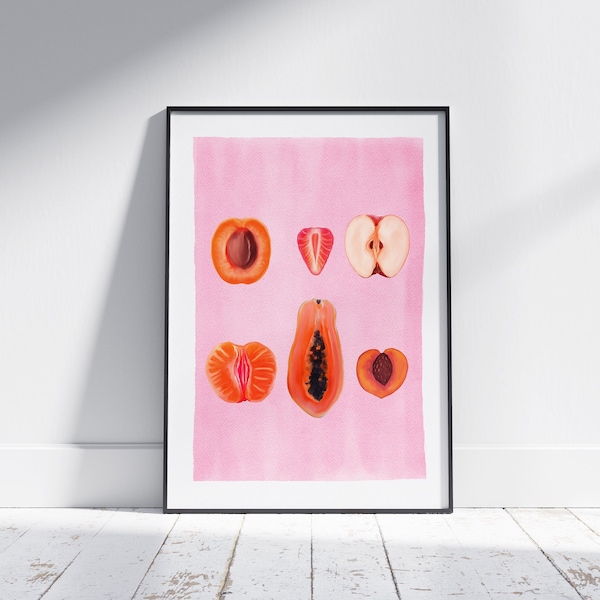 "Geschnittene, weibliche Früchte, signierter Kunstdruck, ""Fruity Scheiben"" Vintage Poster, Empowerment Print, Body Positivity, Frauenkörper."