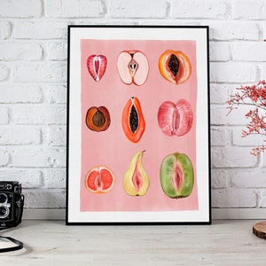 Sliced Feminine Fruit, Signed Art Print, “Fruity Sliced” Vintage Poster, Empowerment Print, Body Positivity, Woman Body