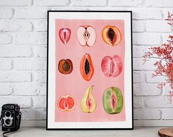 "Geschnittene, weibliche Früchte, signierter Kunstdruck, ""Fruity Scheiben"" Vintage Poster, Empowerment Print, Body Positivity, Frauenkörper."