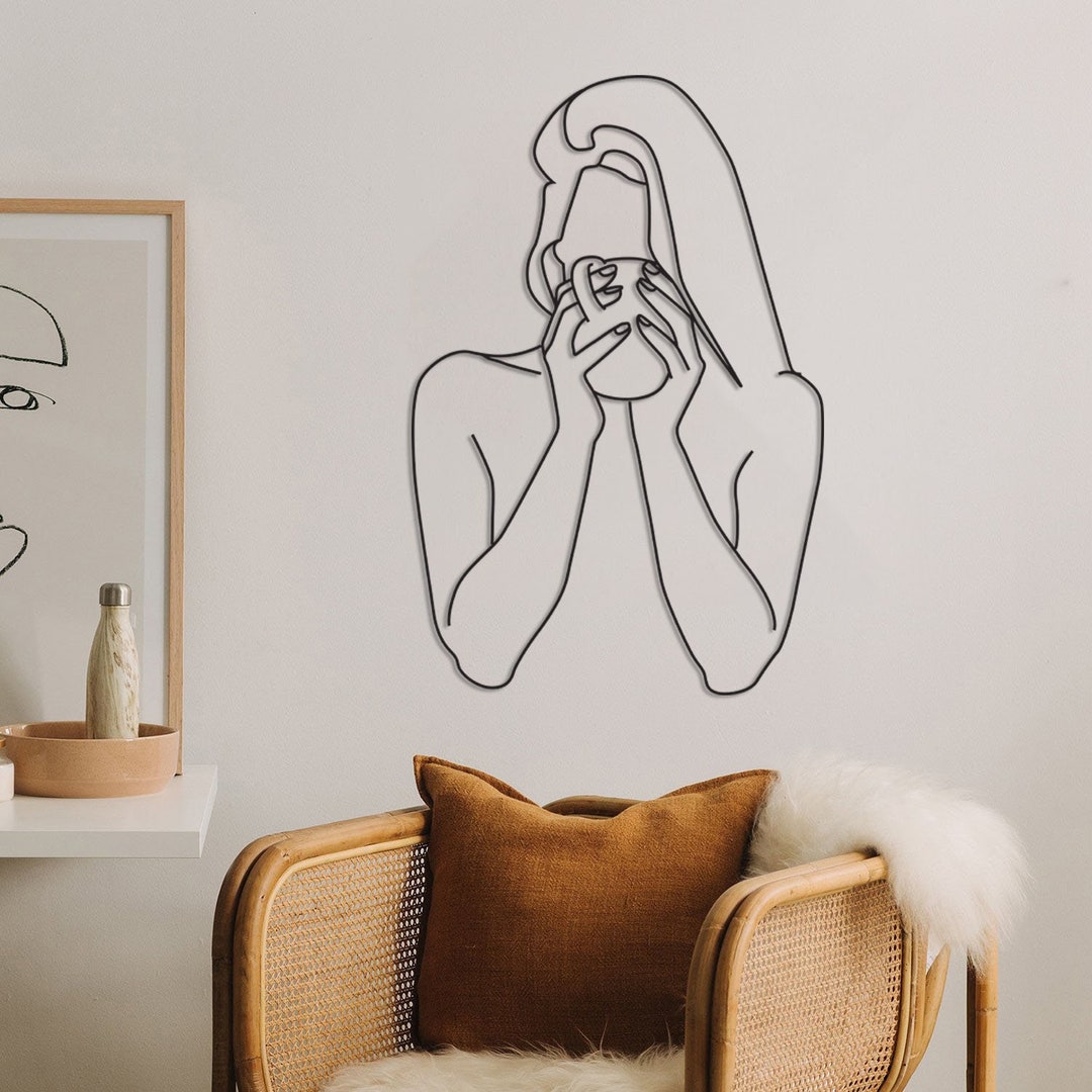 Metal One Line Art, Smoking Wall Art,minimalist Bathroom Art,woman