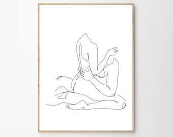 Dessin au trait abstrait couple, impression d'amour, dessin d'un couple, impression homme et femme, décoration murale de chambre à coucher, dessin au trait minimal imprimable