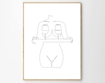 Dessin de ligne de fond, Wine Woman Line Art, Dessin de ligne Verre à vin, Dessin de ligne de figure, Impression de nouvelle maison, Impression de salle de bains, art des fesses pour dames