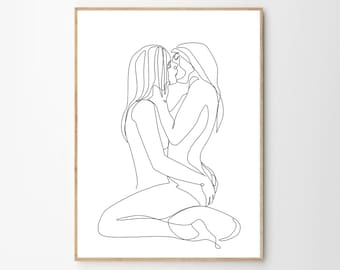 Umarmendes Paar, Frauenpower, Hintern Porträt, Skizzen vom Foto, LGBT Geschenk, Mädchen Kunst, Mädchen Paar Kuss, Lesben Kunstdruck, Lesbische Liebesgeschenk