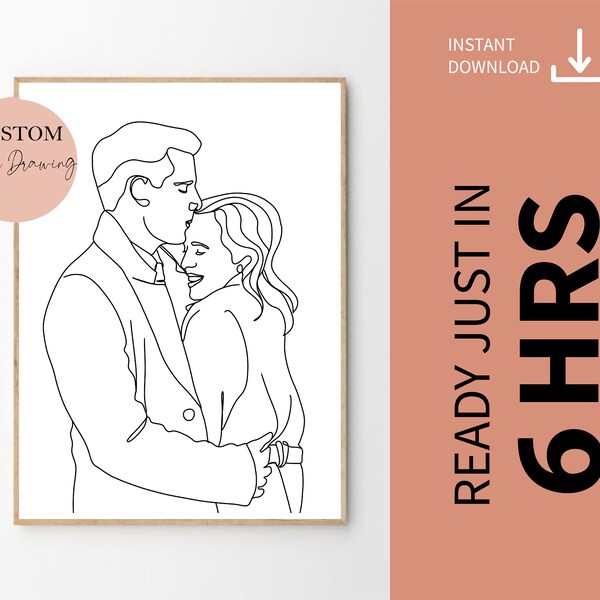 Un dessin au trait, portrait de couple personnalisé, cadeau de famille, cadeau d'anniversaire de mariage personnalisé, illustration de portrait de famille personnalisé