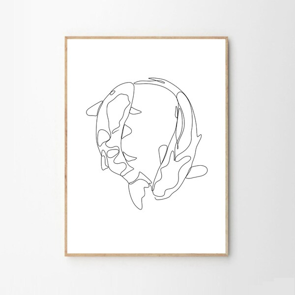 Feng Shui Koi Fishes Doodle Print. Printable Minimalist One Line Art Fish Wall Decor. Modern Fishes Swimming Outline Illustration