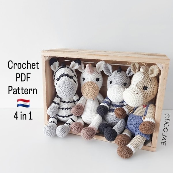 Crochet PATTERN Dutch, PDF, Zebra, Unicorn, Donkey, Horse, Eenhoorn, Ezel, Paard, haakpatroon Nederlands, Crochet, Haken, Amigurumi,Download