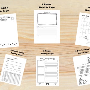 May include: A printable dog journal with pages for paw prints, health records, weekly schedules, monthly calendars, and dog training tips. The journal has a black and white design with paw prints and dog illustrations.