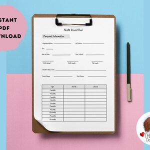 May include: Printable health record book for a pet. The book has a brown clipboard cover and a white sheet of paper with the title "Health Record Book" and "Personal Information". The paper has sections for the pet's name, breed, date of birth, birth weight, birth length, tail length, and more. The paper also has a table for tracking the pet's age, weight, and doses.