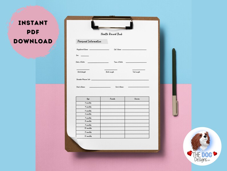 May include: Printable health record book for a pet. The book has a brown clipboard cover and a white sheet of paper with the title "Health Record Book" and "Personal Information". The paper has sections for the pet's name, breed, date of birth, birth weight, birth length, tail length, and more. The paper also has a table for tracking the pet's age, weight, and doses.