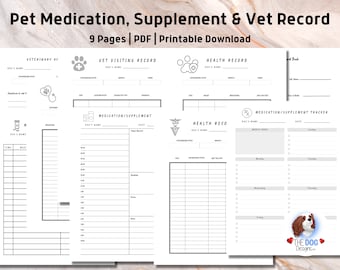 Pet Medication, Supplement, Vaccination and Health Records Log, Dog Health Record and Medication, Pet Log, Printable, Vet, PDF Download
