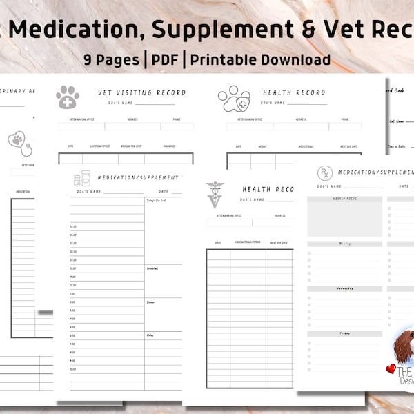 Pet Medication, Supplement, Vaccination and Health Records Log, Dog Health Record and Medication, Pet Log, Printable, Vet, PDF Download