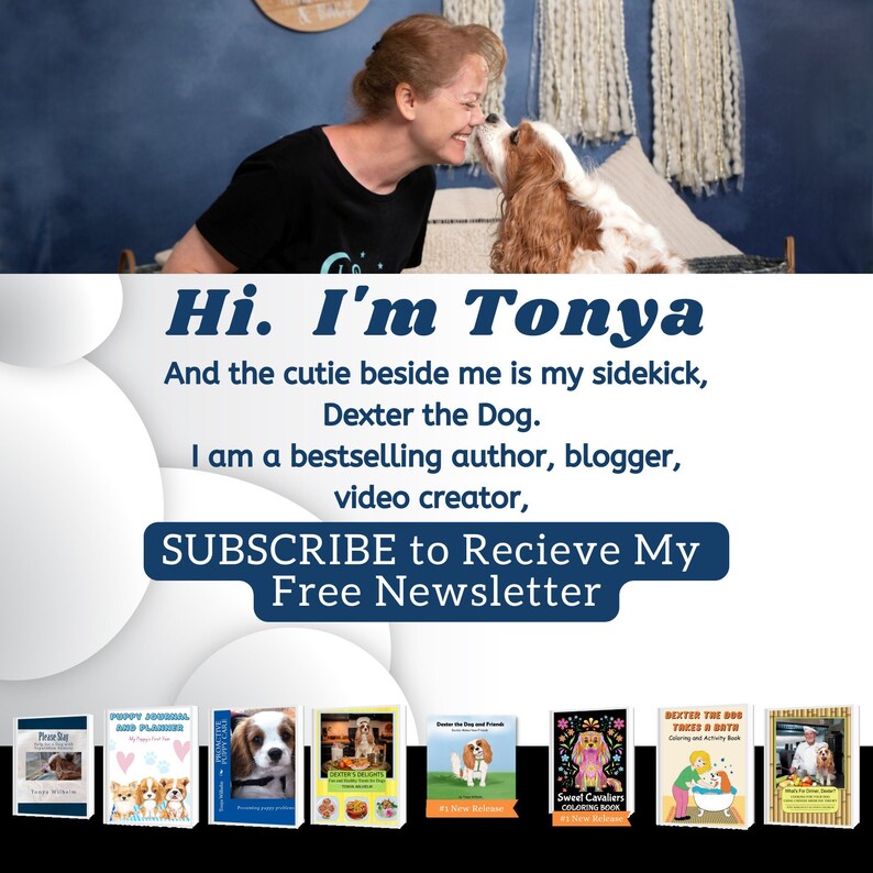 May include: A woman named Tonya smiles and kisses her dog, Dexter. The text reads "Hi. I'm Tonya. And the cutie beside me is my sidekick, Dexter the Dog. I am a bestselling author, blogger, video creator. SUBSCRIBE to Recieve My Free Newsletter".  Below the text are covers of several books featuring dogs.