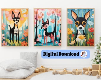 Fox Terrier Dog Art Print Poster Nature and Flower Wall Art for Home Nursery Decor Download,  Whimsical Black Dog Art Print Download
