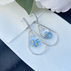 Blue Flower earrings, jewelry gift, blue and silwer jewelry real flowers, gift for women, unique gift.