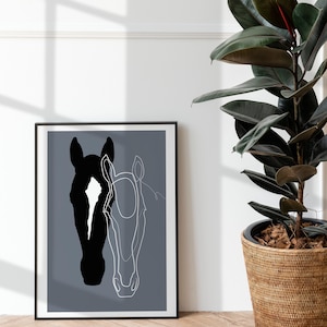 Custom Horse Silhouette Digital Art Line Art - personalized wall art of two horses or one horse, Horse Portrait,  Line Art Illustration